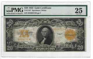 Fr.  1187 1922 $20 Gold Certificate,  Speelman / White Pmg Vf25