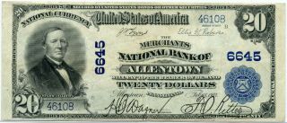 Series 1902 The Merchants National Bank Of Allentown,  Pa $20 Plain Back,  Vf