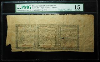 Pennsylvania,  April 10,  1777.  Uncut Sheet Of 3 Pence Notes,  Pmg Choice Fine 15