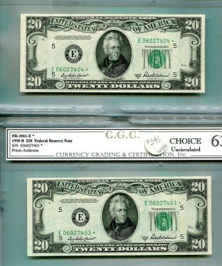 1950 B $20 Richmond Virginia Currency Star Note 2 Consecutive Ch Cu 4273n