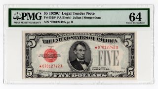 $5 1928c Legal Tender Star Note Fr 1528 Pmg 64 Choice Uncirculated