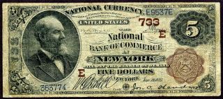 Fr.  467 1882 $5 " Brown Back " National Bank Commerce York 733 Bruce & Wyman