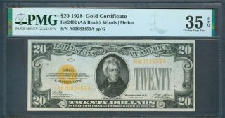 $20 Gold Certificate Series 1928,  Pmg Choice Very Fine 35 Epq