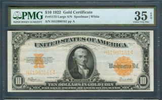 $10 Gold Certificate,  Series 1922,  Pmg Choice Very Fine 35 Epq