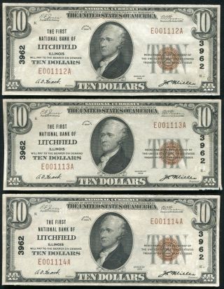 (3) Consecutive 1929 $10 The First National Bank Of Litchfield,  Il Ch.  3962