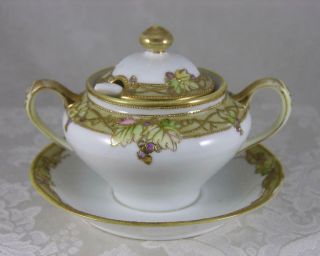 Nippon Hand Painted Grapes & Moriage Covered Sugar Bowl Attached Saucer & Spoon