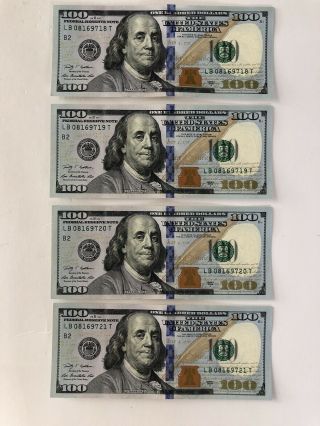 Four Uncirculated $100 One Hundred Dollar Bill In Sequential Consecutive Order