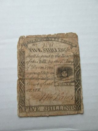 (1) 1779 Colonial Currency,  Five Shillings,  Paul Revere Engraved " Rising Sun "