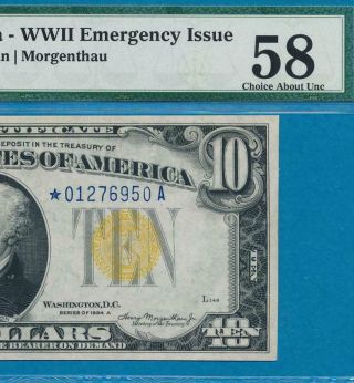 $10.  1934 - A Star North Africa Yellow Seal Silver Certificate Pmg Au58