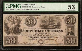 1839 $50 Republic Of Texas Rising Note Large Currency Old Paper Money Pmg 53