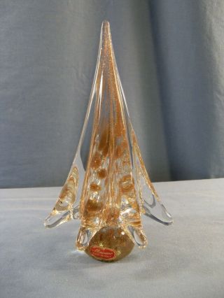 Murano Glass Christmas Tree Clear W/ Gold Glitter Design 7 3/4 " Tall