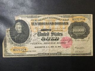 1916 United States Federal Reserve Board 10,  000 Dollars Gold Certificate