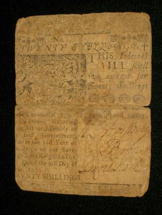Us Delaware Colonial Currency - 20 Shillings - June 1,  1759 De - 68 (cc - 237)