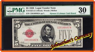 Jc&c - " Hyman S Lebman Cash Hoard " - Series Of 1928 $5 Legal Tender - Pmg 30