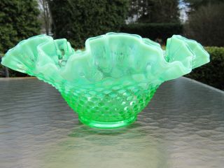 Vintage Fenton Green Hobnail Opalescent Ruffled Edge 10 " Bowl