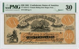 1861 Xx1 - C2/back C $20 " Female Riding Deer " Confederate Fantasy Note - Pmg Vf 30