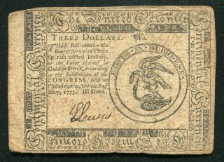 Cc - 3 May 10,  1775 $3 Three Dollars Continental Currency Note
