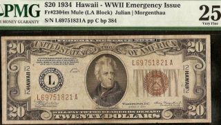 1934 $20 Dollar Wwii Hawaii Brown Seal Mule Note Old Paper Money Fr 2304m Pmg 25