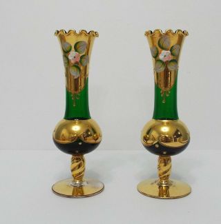 2 Murano 24k Gold Gilt Emerald Green Venetian Hand Painted Floral Fluted Vase
