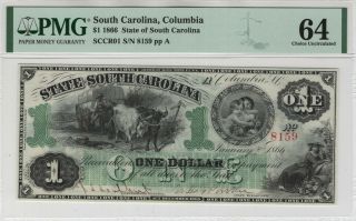 1866 $1 State Of South Carolina Columbia Obsolete Note Cut Cancelled Pmg Unc 64