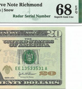 Radar Serial 2004 $20 Richmond Frn Pmg Gem Uncirculated 68 Epq Banknote