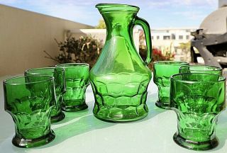 1970s Anchor Hocking Georgian Honeycomb Forest Green Tumblers & Jug Pitcher