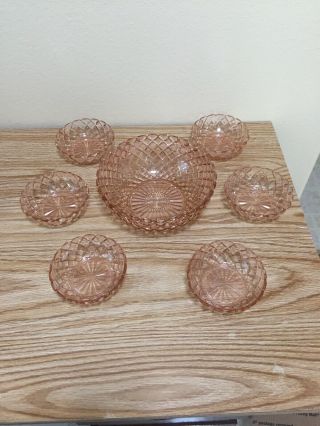 7 Piece Pink Hocking Depression Glass Waterford Waffle Berry Bowl Set