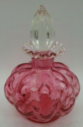 Vtg Fenton Cranberry Diamond Optic Melon Ribbed Vanity Glass Perfume Bottle 1