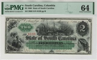 1866 $2 State Of South Carolina Columbia Obsolete Note Cut Cancelled Pmg Unc 64