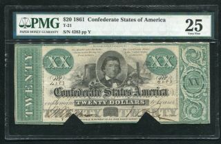 T - 21 1861 $20 Twenty Dollars Csa Confederate States Of America Pmg Very Fine - 25