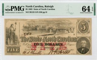1863 Cr.  123 $5 The State Of North Carolina Note - Civil War Era Pmg Ch.  Cu 64 Epq