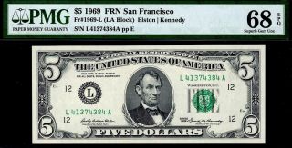 Fr.  1969 - L 1969 $5 San Francisco Federal Reserve Note Frn • Pmg 68 Epq Gem