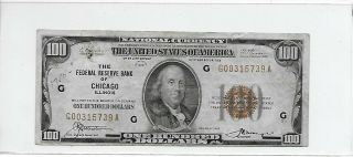 1929 $100 One Hundred Federal Reserve Bank Note Chicago,  Il