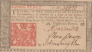 Jersey March 25 1776 Eighteen Pence Note N.  39828