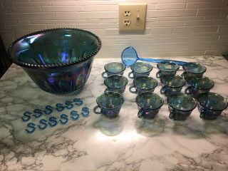 Indiana Harvest Grape Style Carnival Glass Punch Bowl Set Stunningly