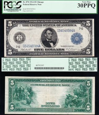 Awesome Crisp Choice Vf,  1914 $5 Chicago Frn Note Pcgs 30 Ppq 6584