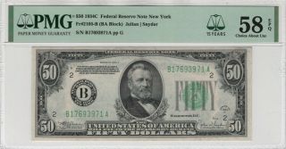 1934 C $50 Federal Reserve Note Fr.  2105 - B Pmg Choice About Unc 58 Epq (971