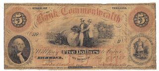 1858 Bank Of The Commonwealth Richmond Va Five Dollar Note No.  5 Tobacco Barrel