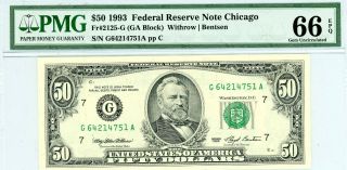 $50 1993 Federal Reserve Note Chicago Fr 2125 - G (ga Block) Pmg 66 Epq