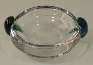 Daum France Mid Century Art Glass Heavy Crystal Green Handled Bowl Signed