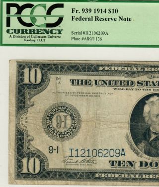 1914 $10 Ten Dollar Federal Reserve Note - Blue Seal - Pcgs 20
