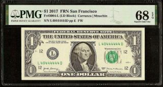 2017 $1 DOLLAR BILL NEAR SOLID 40444444 SERIAL NUMBER NOTE PAPER MONEY PMG 68 2