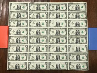 Uncut Sheet Of 32 X $1 One Dollar Bills – Us Series 1995 C Philadelphia Fed Res