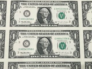 UNCUT SHEET of 32 x $1 ONE DOLLAR BILLS – US SERIES 1995 C PHILADELPHIA FED RES 3
