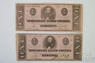 2 1863 $1 Confederate States Richmond Virginia Civil War Currency 2 Notes 20085