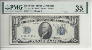 Fr - 1703 $10 1934 Silver Certificate Ba Block Pmg 35 Choice Very Fine