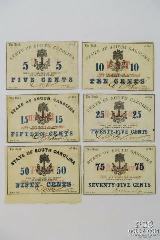 1863 South Carolina Confederate Currency Notes 5c 10c 15c 25c 50c 75c 19989