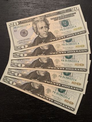 5 2017a Uncirculated $20 Twenty Dollar Bills Sequential Consecutive Serials