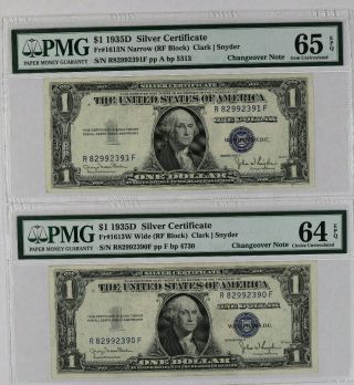 1935 D $1 Silver Certificate Pmg 65/64 Epq Change Over Pair Narrow/wide (391f)