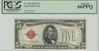1928c $5 Legal Tender Note Pcgs 66 Gem Ppq
